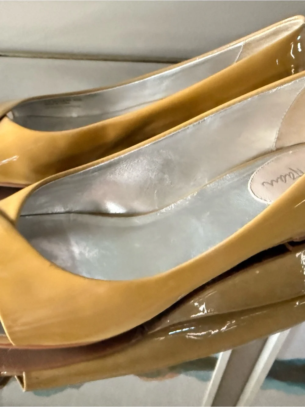 Cole Haan Nude Tan Patent Leather Peep Toe Wedge Pumps
